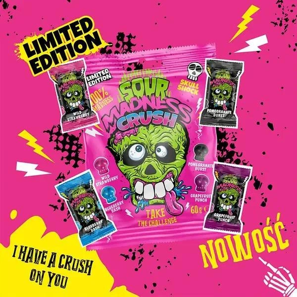 Леденцы кислые Sour Madness Pink Crush в виде черепа 60 г от