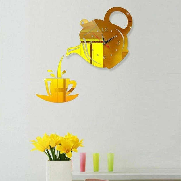 Настенные бескаркасные 3D часы Diy Teapot с зеркальным эффектом самоклеящиеся 40 х 40 см Золотистый - изображение 2