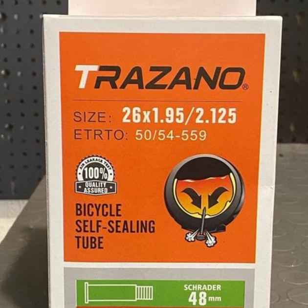 Камера 26х1.95/2.125 50/54-406 Sсhrader (AV) 48 мм антипрокольной жидкостью Trazano - Фото 4 Камера 26х1.95/2.125 50/54-406 Sсhrader (AV) 48 мм антипрокольной жидкостью Trazano - изображение 4