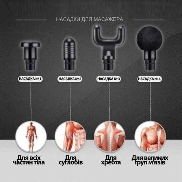 Массажер пистолет Fascial Gun KH-740 Чёрный с насадками мышечный портативный ручной для спины и тела - изображение 4