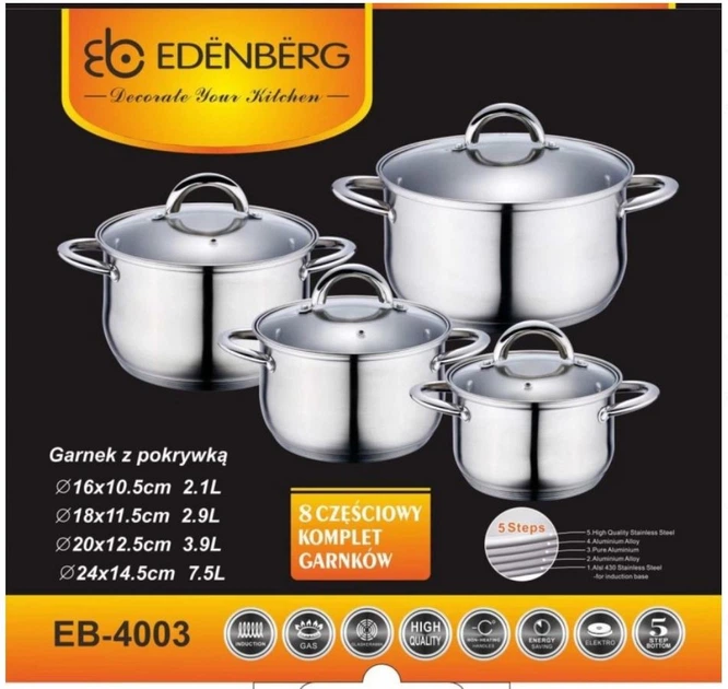 Набор кастрюль из нержавеющей стали 8 предметов Edenberg 2.1л, 2.9л, 3.9л, 6.5л (EB-4003) - Фото 5 Набор кастрюль из нержавеющей стали 8 предметов Edenberg 2.1л, 2.9л, 3.9л, 6.5л (EB-4003) - изображение 5