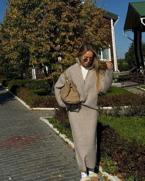 hichamiページ В'язаний костюм на осінь, мод ТК-4513, хакі, розмір 46-48