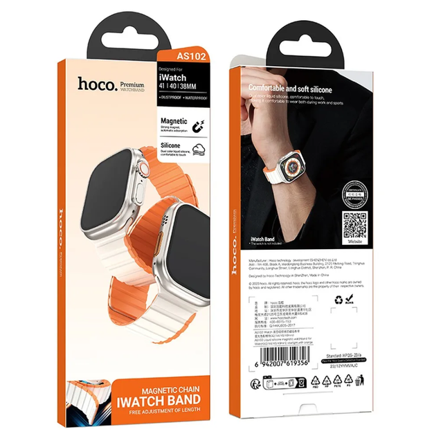Магнітний ремінець Hoco AS102 iWatch Band 41mm, iWatch 40mm, iWatch 38mm для годинника з ланцюжком вбудований магніт N52, вільне регулювання довжини колір Біло-оранжевий - Фото 1 Магнітний ремінець Hoco AS102 iWatch Band 41mm, iWatch 40mm, iWatch 38mm для годинника з ланцюжком вбудований магніт N52, вільне регулювання довжини колір Біло-оранжевий - зображення 1