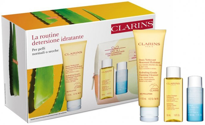 Набір для догляду за обличчям Clarins Зволожуючий тонік 50 мл + Пінка для зняття макіяжу 125 мл + Пінка для зняття макіяжу з очей 30 мл + Косметичка (3666057207815) - зображення 1