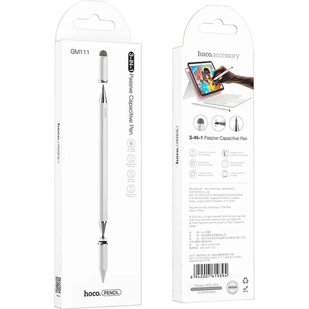 Стілус Hoco GM111 Cool Dynamic series 3 в 1 Passive Universal Capacitive Pen білий - Фото 4 Стілус Hoco GM111 Cool Dynamic series 3 в 1 Passive Universal Capacitive Pen білий - зображення 4