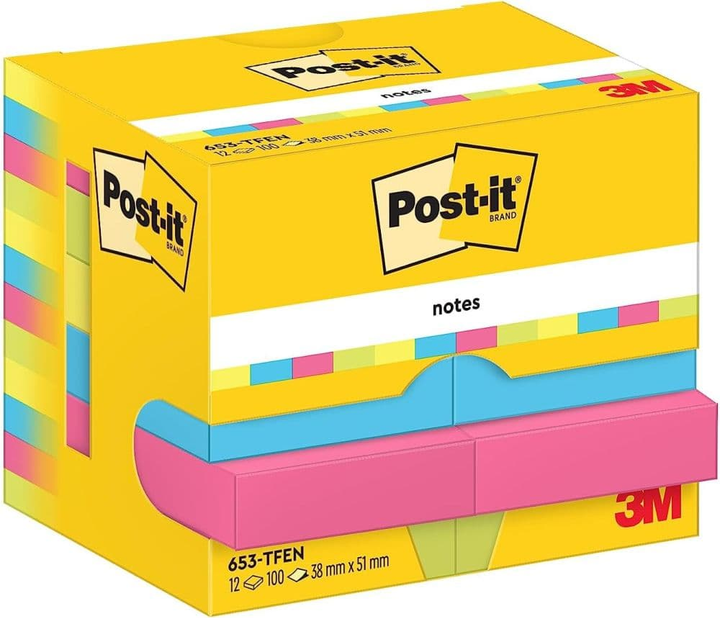 Papier do notatek 3M Post-It Samoprzylepny Energetic 38 x 51 mm 100 arkuszy 12 szt Kolorowy (4064035065898) - obraz 1