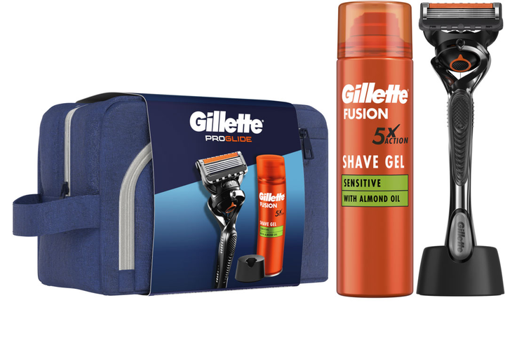 Zestaw upominkowy Gillette Maszynka do golenia dla mężczyzn ProGlide z 1 wymiennym wkładem + Żel do golenia Fusion5 200 ml + Stojak + Kosmetyczka (8700216534420) - obraz 1