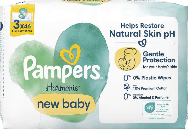 Упаковка дитячих вологих серветок Pampers Harmonie New Baby 3 х 46 шт (8700216201025) - зображення 2