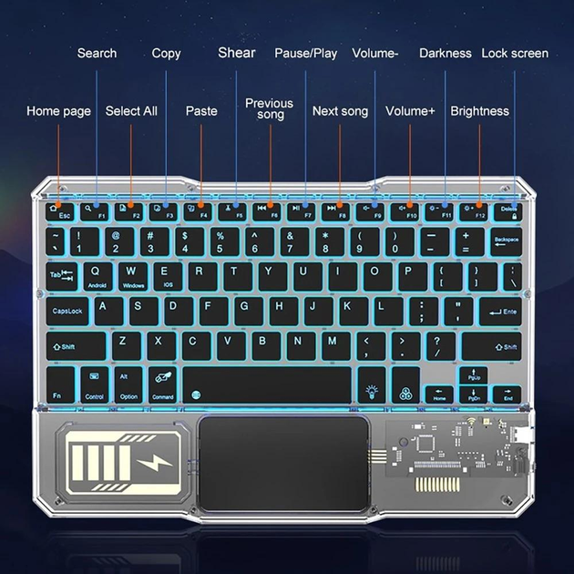 Беспроводная клавиатура для пк и планшетов iPad & Tab KB333 Bluetooth USB 2.4Гц RGB Черный Прозрачный - изображение 2