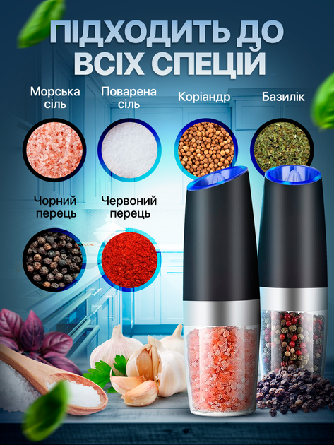 Мельница для перца соли специй набор из 2 предметов электромельница на батарейках автоматическая электроперечница с подсветкой Черный (SPM-12/Black) - Фото 8 Мельница для перца соли специй набор из 2 предметов электромельница на батарейках автоматическая электроперечница с подсветкой Черный (SPM-12/Black) - изображение 8