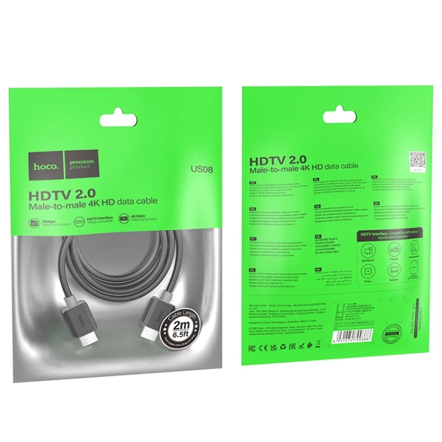 HDMI кабель HOCO US08 HDTV 2.0 male-to-male 4K HD data cable 2m. Black - Фото 4 HDMI кабель HOCO US08 HDTV 2.0 male-to-male 4K HD data cable 2m. Black - изображение 4