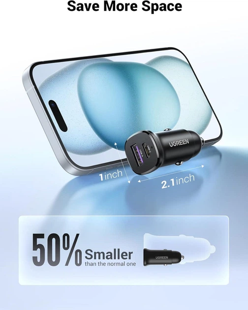 Автомобільний ЗП Ugreen 30W USB C Car Charger, PD 30W/SCP 22.5W, Mini Car USB Charger with LED Light, for iPhone 16/15/14/13/12/11, Galaxy S24/S23/S22/21 - зображення 6