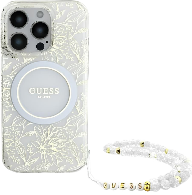 Etui Guess Hardcase IML Flowers Allover Electro With Pearl Strap MagSafe do Apple iPhone 16 Pro Max White (GUHMP16XHCPOFPH) - obraz 1