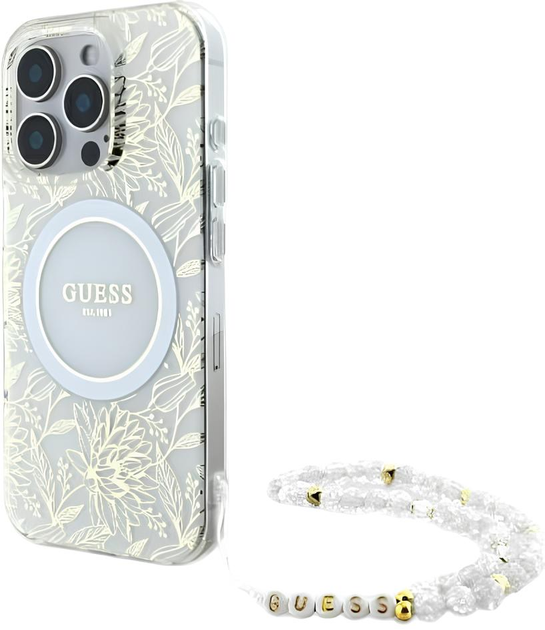 Etui Guess Hardcase IML Flowers Allover Electro With Pearl Strap MagSafe do Apple iPhone 16 Pro Max White (GUHMP16XHCPOFPH) - obraz 2