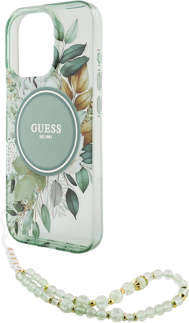 Etui Guess Hardcase IML Flowers With Pearl Strap MagSafe do Apple iPhone 16 Pro Max Green (GUHMP16XHFWBRCESN) - obraz 5