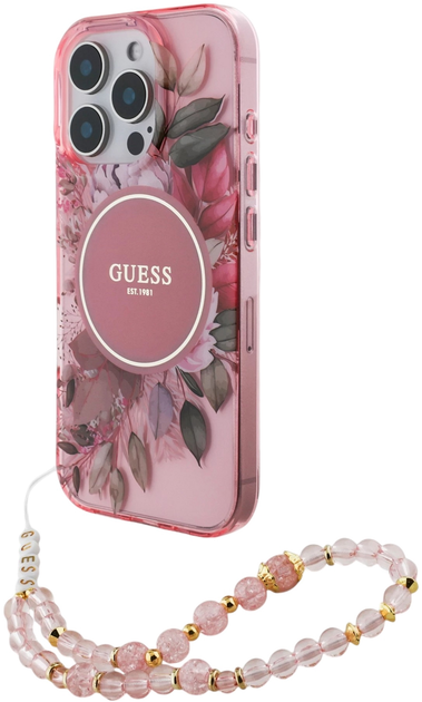 Etui Guess Hardcase IML Flowers With Pearl Strap MagSafe do Apple iPhone 16 Pro Max Purple (GUHMP16XHFWBRCESU) - obraz 2