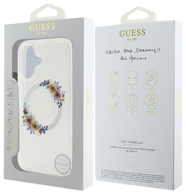 Панель Guess Hardcase IML Flowers Wreath MagSafe для Apple iPhone 16 Plus Transparent (GUHMP16MHFWFCT) - зображення 7
