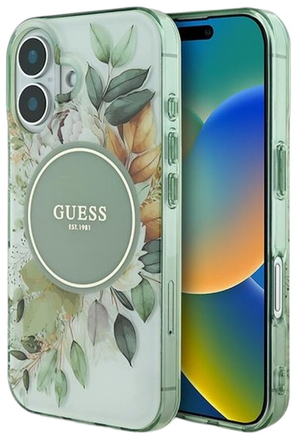 Etui Guess Hardcase IML Flower & Tonal Circle MagSafe do Apple iPhone 16 Plus Green (GUHMP16MHFWBDCEN) - obraz 1