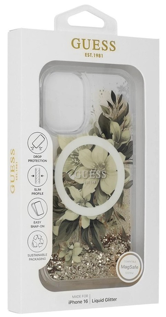 Панель Guess Hardcase Liquid Glitter Flower MagSafe для Apple iPhone 16 Beige (GUHMP16SLFMWTE) - зображення 1