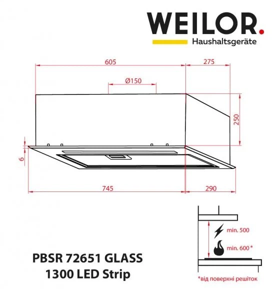 Витяжка вбудована Weilor PBSR 72651 GLASS BL 1300 LED Strip - изображение 13