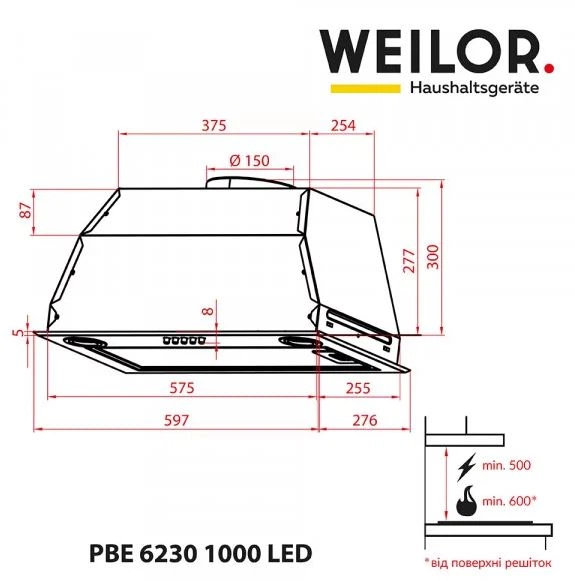 Витяжка вбудована Weilor PBE 6230 SS 1000 LED - изображение 8