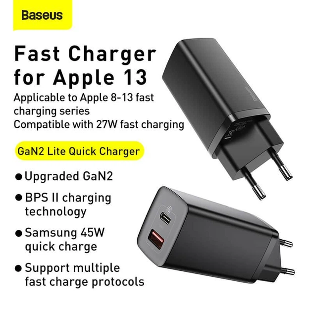 Мережевий зарядний пристрій адаптер BASEUS GaN2 Lite Quick Charger зі швидкою зарядкою |1USB/1Type-C, QC/PD, 5A, 65W| Чорний - Фото 12 Мережевий зарядний пристрій адаптер BASEUS GaN2 Lite Quick Charger зі швидкою зарядкою |1USB/1Type-C, QC/PD, 5A, 65W| Чорний - зображення 12