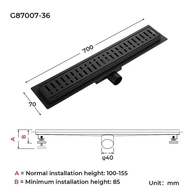 Трап для душа линейный GAPPO G87007-36 Black черный из нержавеющей стали 70x700 мм с решеткой (G87007-36) - Фото 3 Трап для душа линейный GAPPO G87007-36 Black черный из нержавеющей стали 70x700 мм с решеткой (G87007-36) - изображение 3