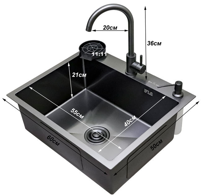 Мойка из нержавеющей стали AQUAMILL 6050 с PVD покрытием черная + смеситель + дозатор + решетка + ринзер - Фото 2 Мойка из нержавеющей стали AQUAMILL 6050 с PVD покрытием черная + смеситель + дозатор + решетка + ринзер - изображение 2