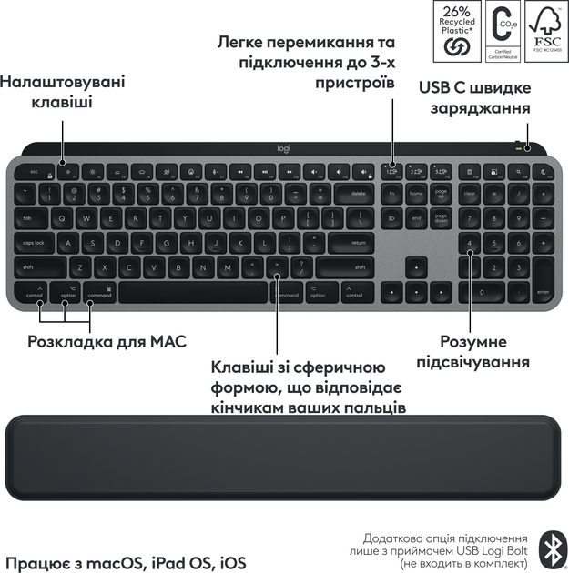 Комплект Logitech MX Keys S Combo для MAC Bluetooth/Wireles УКР, сірий (920-012845GR) 287700 - изображение 4