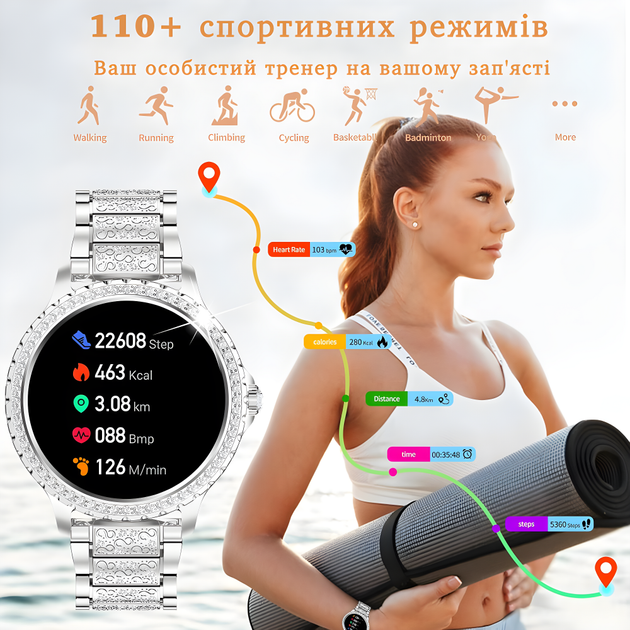 Смарт-годинник для жінок, фітнес-трекер для Андроїд Android/iPhone Айфон, жіночий розумний годинник з дзвінками та повідомленнями, серебристого кольору - зображення 5