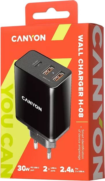 Мережевий зарядний пристрій Canyon H-08 PD 30W USB-C +  2 x USB-A Black (CNE-CHA08B) - зображення 2