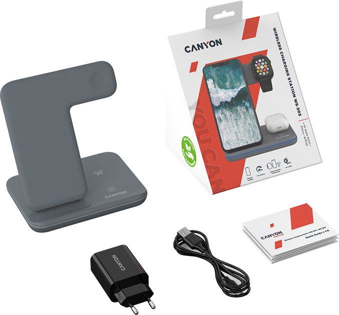 Бездротовий зарядний пристрій Canyon WS-303 3 в 1 QI Dark Grey (CNS-WCS303DG) - зображення 7