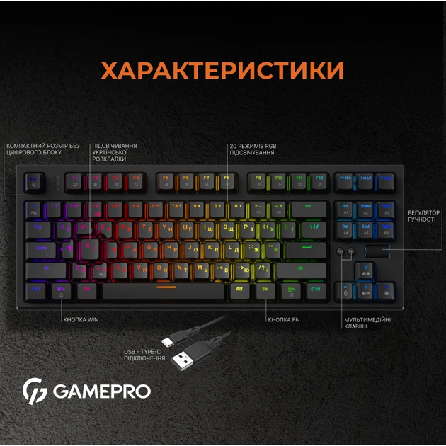 Клавиатура GamePro MK180B Hot-Swap Red Swich RGB USB UA Black (MK180B) - изображение 4