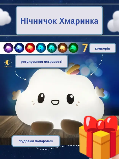 Нічний LED світильник силіконовий Хмарка з акумулятором реагує на дотик - изображение 2