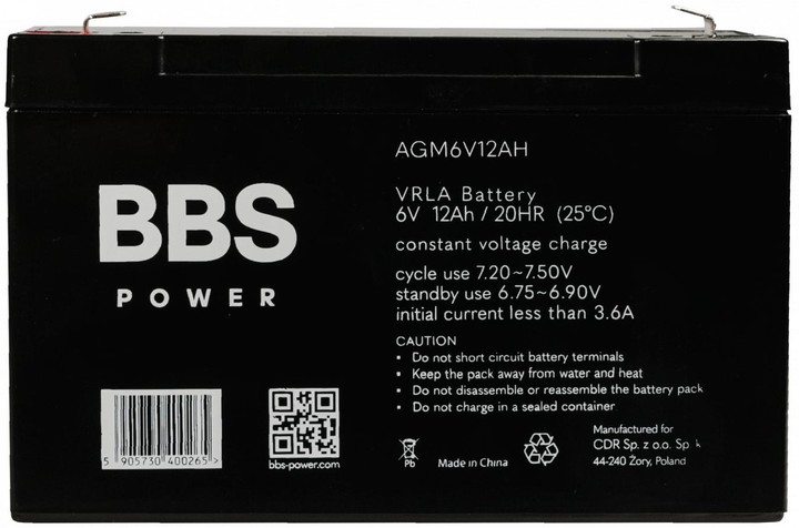 Akumulator BBS Power AGM6V12AH AGM VRLA 6 V 12 Ah - obraz 2