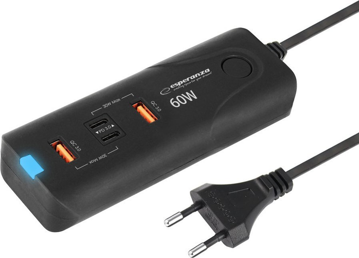 Мережевий зарядний пристрій Esperanza 60W USB-C PD 30W USB-A QC 3.0 18 W EZC109 Black (5901299960615) - зображення 1