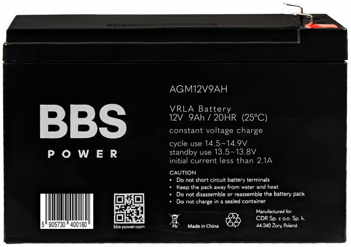 Akumulator BBS Power AGM12V9AH AGM VRLA 12 V 9 Ah - obraz 2