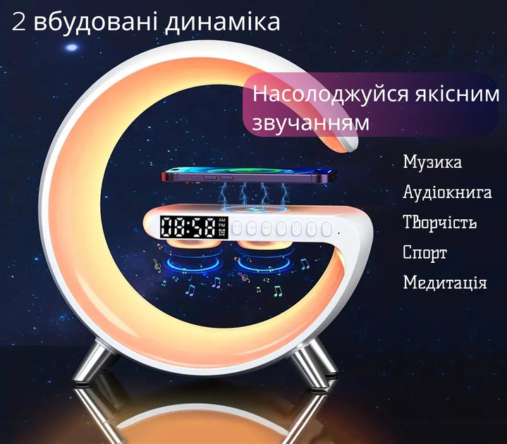 Лампа нічник з додатком, блютуз колонка з бездротовою зарядкою RGB Light/Alarm Clock/Desk Lamp 15W швидка зарядка 029k - зображення 4
