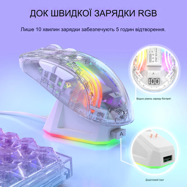 Беспроводная игровая прозрачная мышь Attack Shark X2 Pro с цифровым дисплеем USB 2,4G 300 мАч White - изображение 2