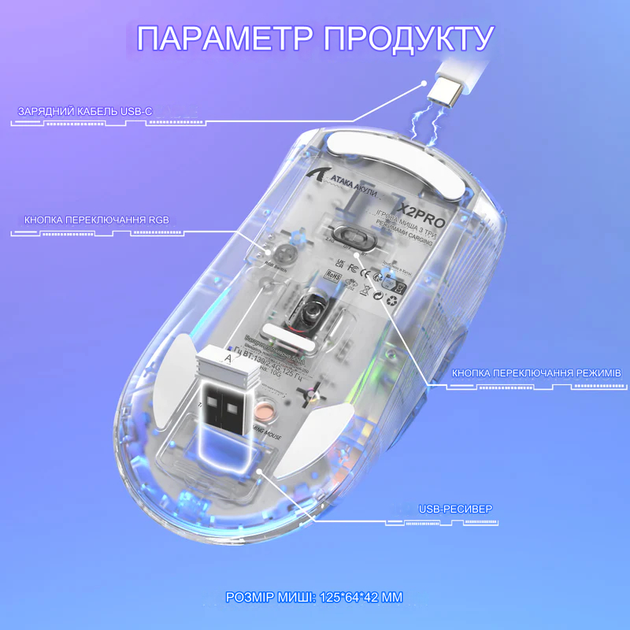 Беспроводная игровая прозрачная мышь Attack Shark X2 Pro с цифровым дисплеем USB 2,4G 300 мАч White - изображение 11