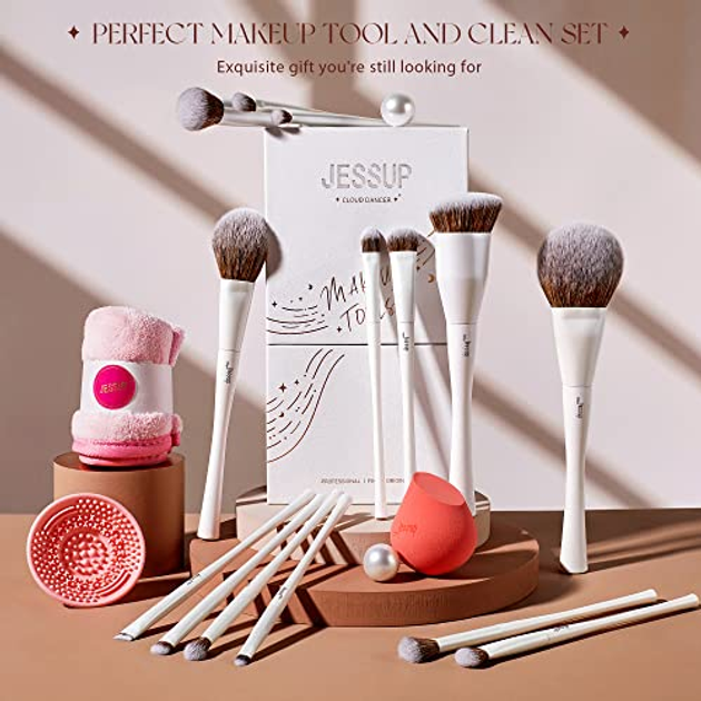 Zestaw narzędzi do makijażu Jessup Comprehensive Makeup gabka do czyszenia pedzli + gabka do podkladu + recznik do pedzli + 14 pedzli (6971093063330) - obraz 2