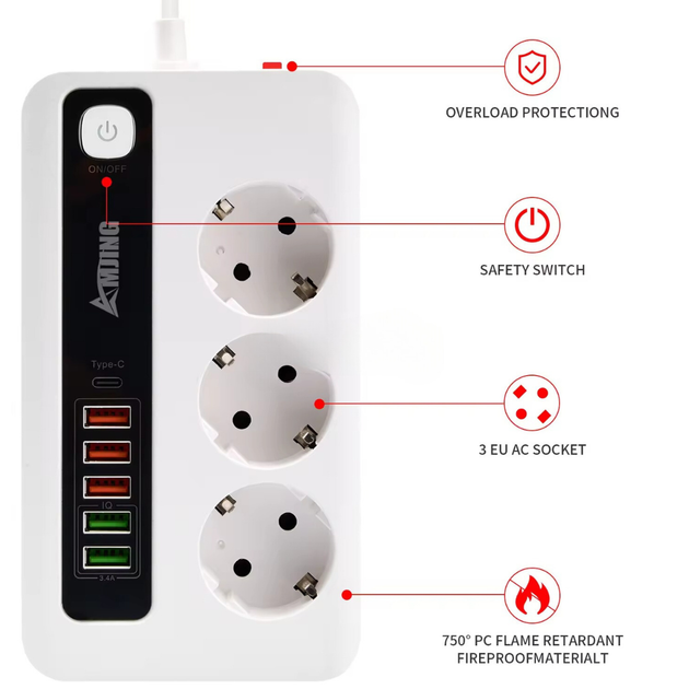 Мережевий фільтр BKL-03 на 4 розетки 2 Type-C + 4 USB, 100-250V, 10А, чорний - Фото 2 Мережевий фільтр BKL-03 на 4 розетки 2 Type-C + 4 USB, 100-250V, 10А, чорний - зображення 2
