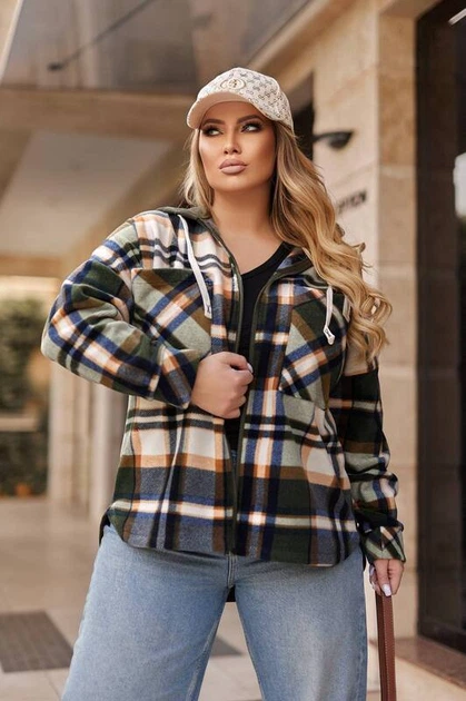 Рубашка женская трехнитка на флисе турецкая + кашемир в клетку на молнии G&M k-111933 50-52 Размер цвет хаки - изображение 3