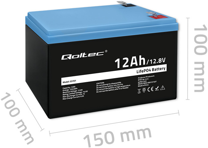 Akumulator Qoltec LiFePO4 Litowo-Żelazowo-Fosforanowy 12.8V 12Ah 153.6Wh BMS 53701 (5901878537016) - obraz 5