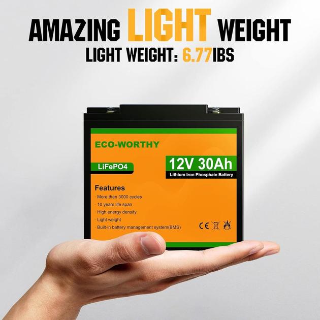 Аккумулятор Eco Worthy LiFePO4 12V 30Ah (384Wh) со встроенным BMS, 3000+ циклов - изображение 5