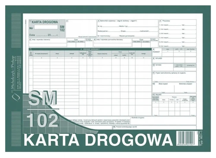 Formularze do nadruku Michalczyk i Prokop Karta drogowa SM/102 numerowana 801-1N A4 80 arkuszy (5906858003857) - obraz 1