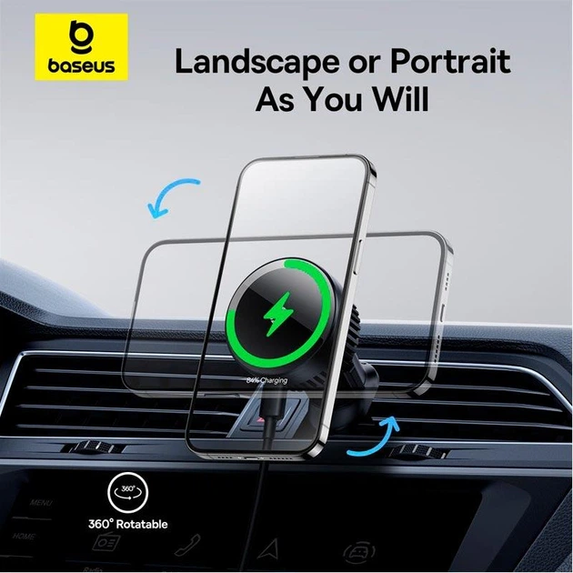 Автомобильный магнитный держатель Baseus MagPro Magnetic Wireless Charging |для телефона, с функцией беспроводной зарядки 15 Вт, надежная фиксация, легкая установка в вентиляционную решетку, вращение на 360 градусов| Черный - изображение 3