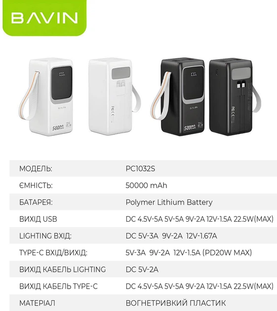 УМБ повербанк Bavin PC1032S 50000 mAh 22.5W Fast Charge/PD20W Black (Y-PC1032S BK) - изображение 10