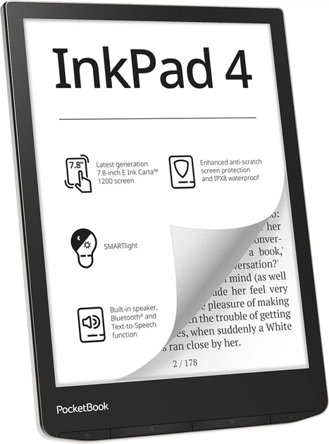 Электронная книга 7.8" PocketBook Inkpad 4 / 32ГБ / Linux / Wi-Fi / Bluetooth / Сенсорний E-Ink екран (1404 × 1872) / Налаштовувана яскравість / Вологозахищеність IPX8 / Динаміки / Срібляста (PB743G-U-WW) Б/В - зображення 2