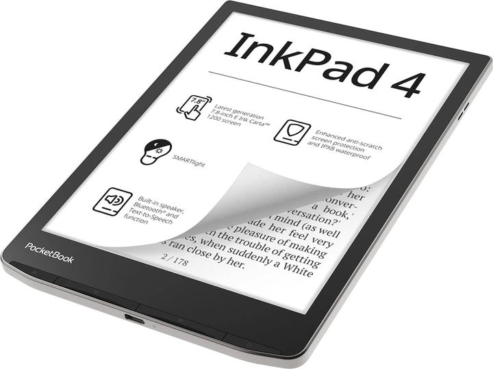 Электронная книга 7.8" PocketBook Inkpad 4 / 32ГБ / Linux / Wi-Fi / Bluetooth / Сенсорний E-Ink екран (1404 × 1872) / Налаштовувана яскравість / Вологозахищеність IPX8 / Динаміки / Срібляста (PB743G-U-WW) Б/В - зображення 3